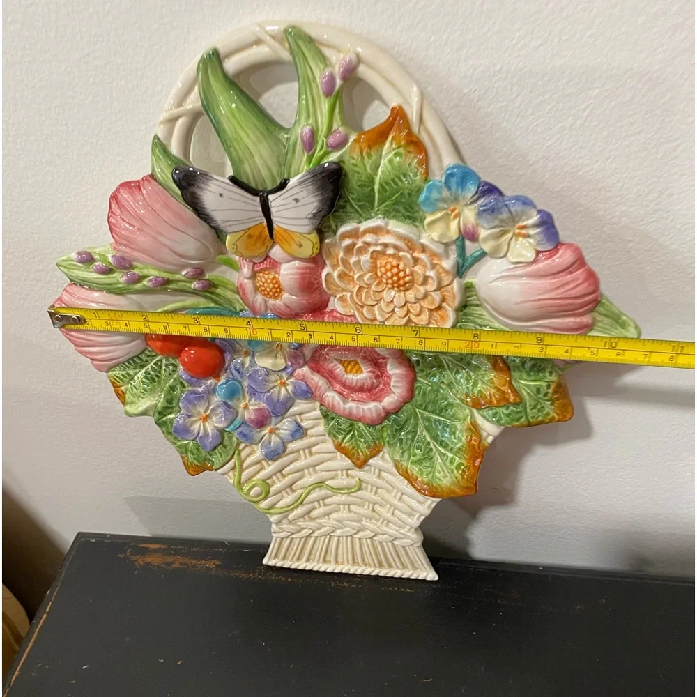 Fitz and Floyd Floral Basket Wall Plaque in White, Green, Pink, Yellow and Blue